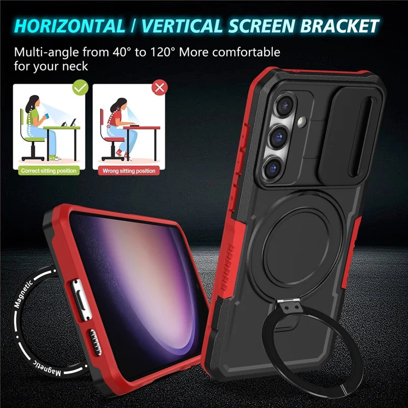 Magnetic Case PC+TPU Case for Samsung Galaxy S23 FE Kickstand Anti-Drop Phone Shell with Sliding Lens Cover - Black / Red