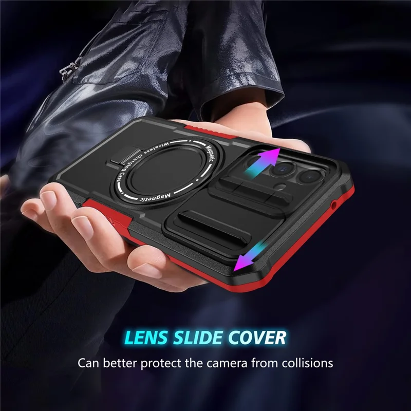 Magnetic Case PC+TPU Case for Samsung Galaxy S23 FE Kickstand Anti-Drop Phone Shell with Sliding Lens Cover - Black / Red