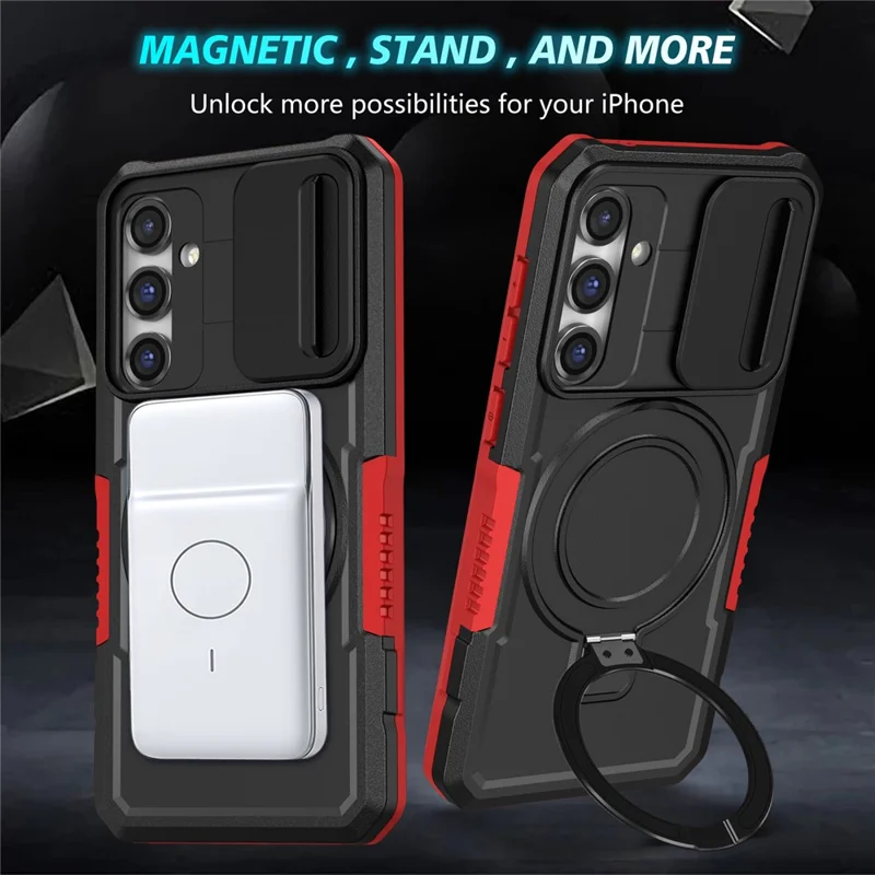 Magnetic Case PC+TPU Case for Samsung Galaxy S23 FE Kickstand Anti-Drop Phone Shell with Sliding Lens Cover - Black / Red