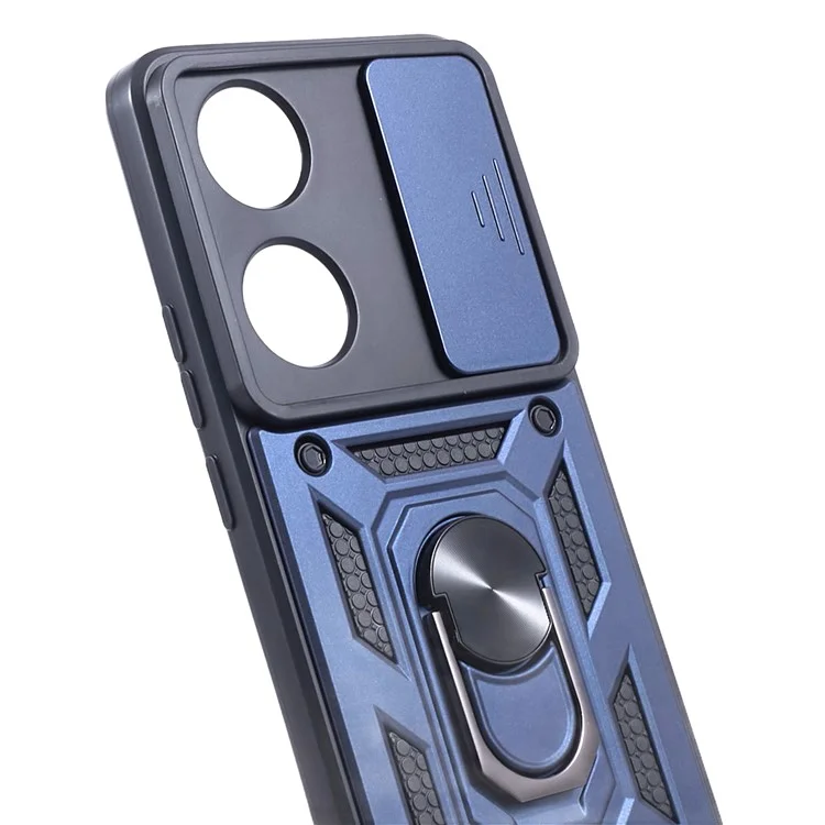 For Honor 90 Anti-Scratch Slide Lens Protection Phone Case PC+TPU Kickstand Phone Cover - Blau