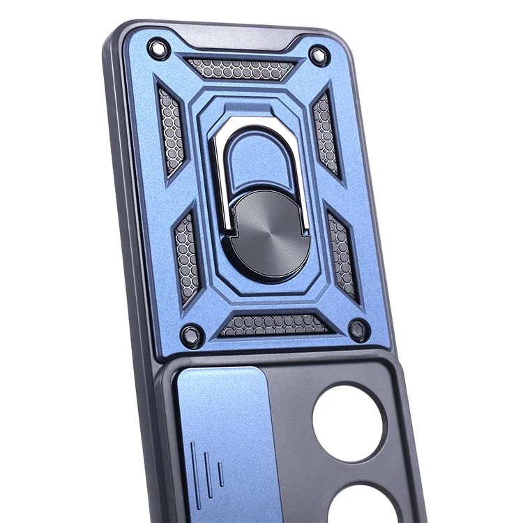 For Honor 90 Anti-Scratch Slide Lens Protection Phone Case PC+TPU Kickstand Phone Cover - Blau