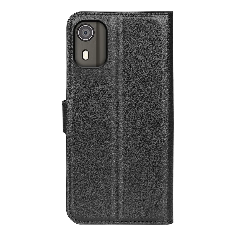 Für Nokia C02 Litchi-Struktur Schutzhülle Stoßfest Ständer PU-Leder Brieftasche Cover - Schwarz