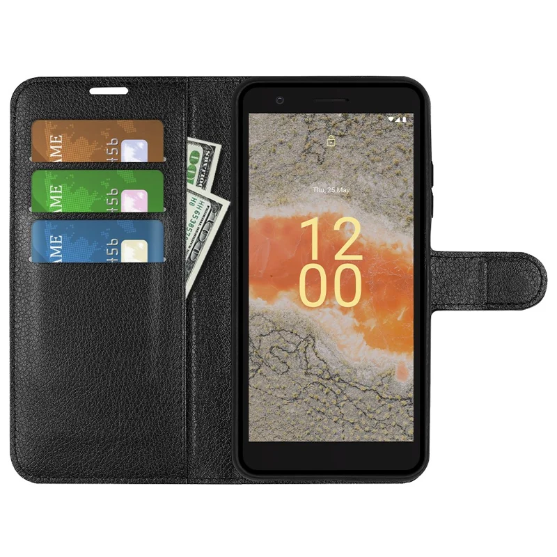 Für Nokia C02 Litchi-Struktur Schutzhülle Stoßfest Ständer PU-Leder Brieftasche Cover - Schwarz
