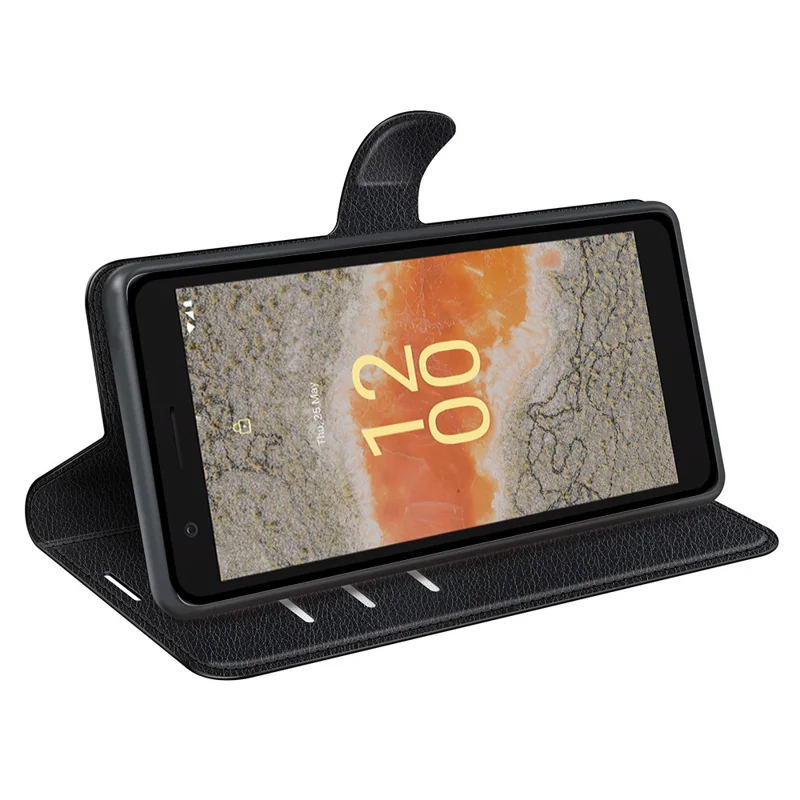 Für Nokia C02 Litchi-Struktur Schutzhülle Stoßfest Ständer PU-Leder Brieftasche Cover - Schwarz