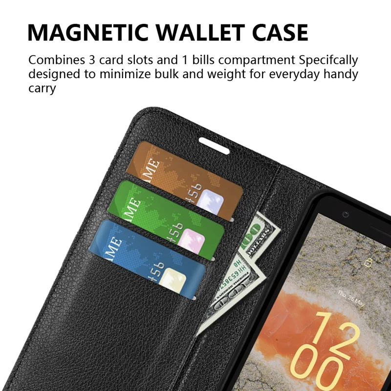 Für Nokia C02 Litchi-Struktur Schutzhülle Stoßfest Ständer PU-Leder Brieftasche Cover - Schwarz