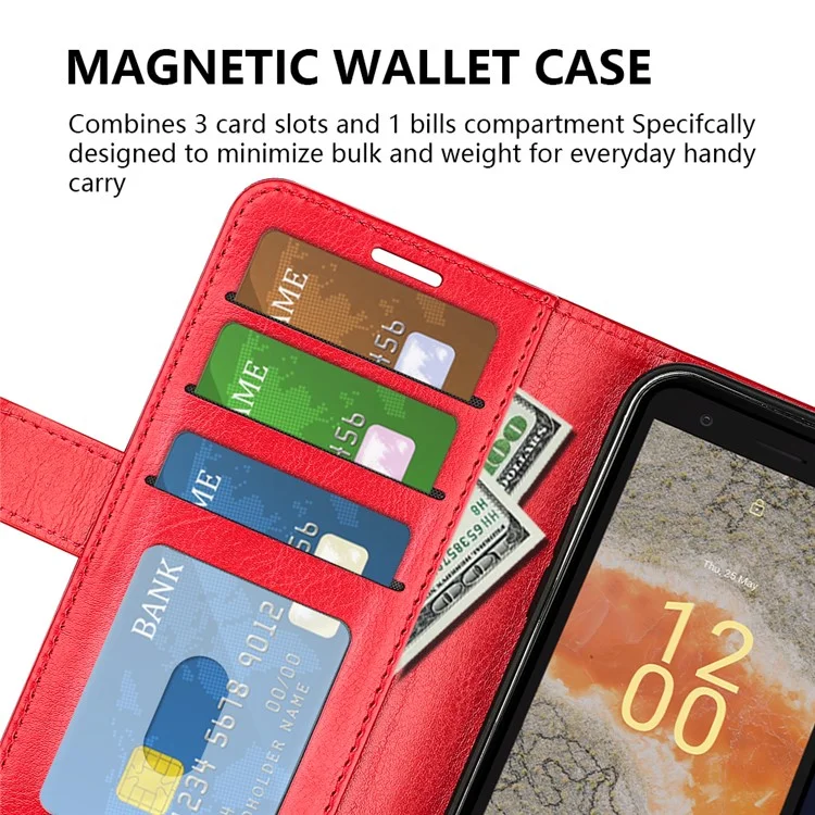 Pour Nokia C02 Crazy Horse Texture Phone Case PU Leather Wallet Stand Full Protection Cover - Red