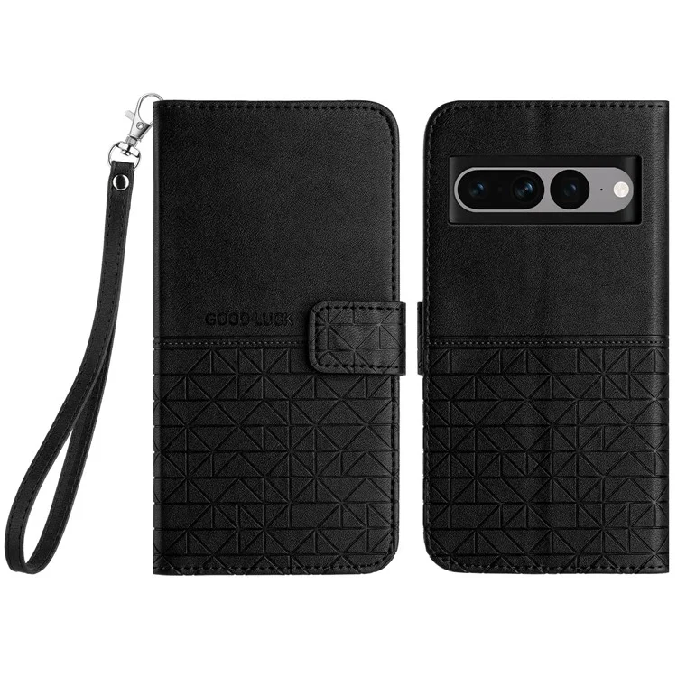 For Google Pixel 7 Pro 5G Geometric Imprint Microfiber Leather Phone Cover Flip Stand Wallet Case - Black