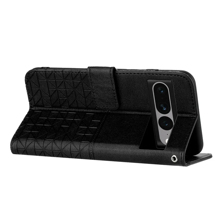 For Google Pixel 7 Pro 5G Geometric Imprint Microfiber Leather Phone Cover Flip Stand Wallet Case - Black