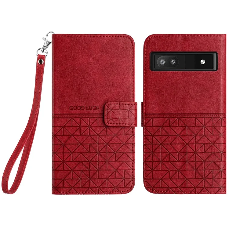 For Google Pixel 7a Microfiber Leather Wallet Phone Cover Geometric Imprint Flip Stand Case - Red