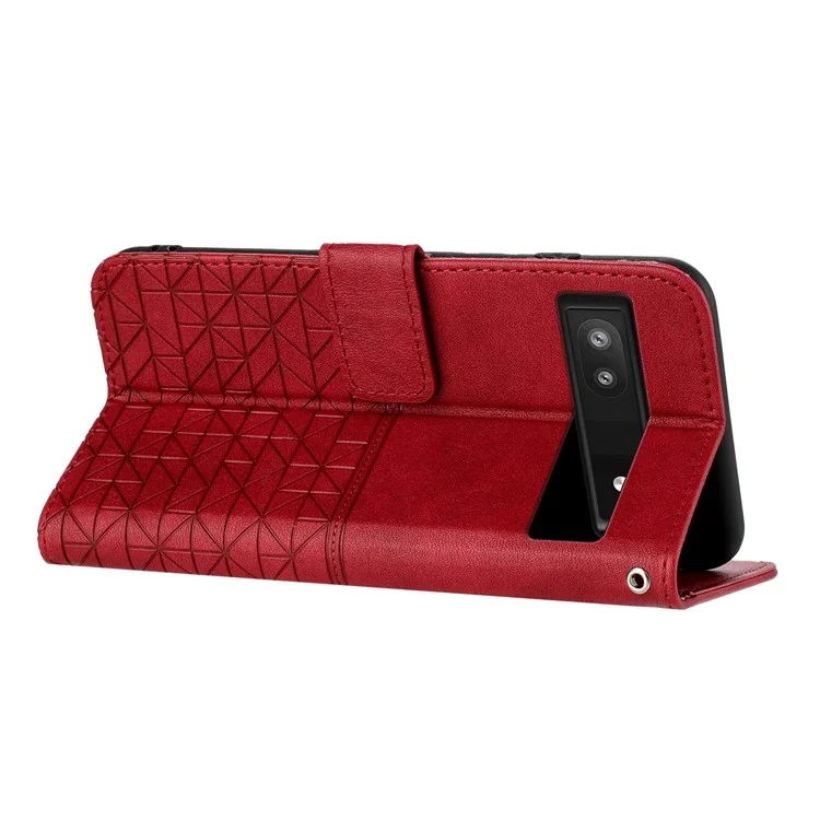 For Google Pixel 7a Microfiber Leather Wallet Phone Cover Geometric Imprint Flip Stand Case - Red