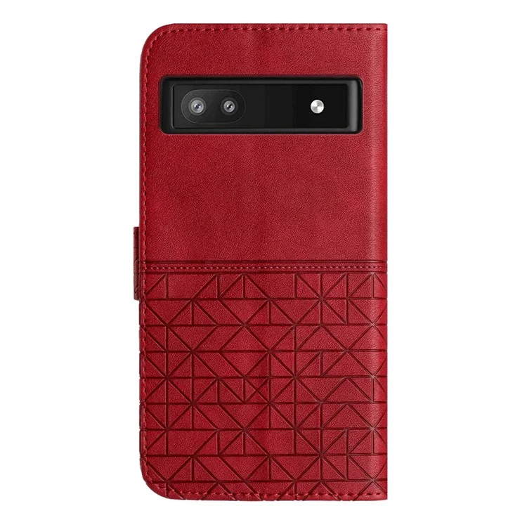 For Google Pixel 7a Microfiber Leather Wallet Phone Cover Geometric Imprint Flip Stand Case - Red