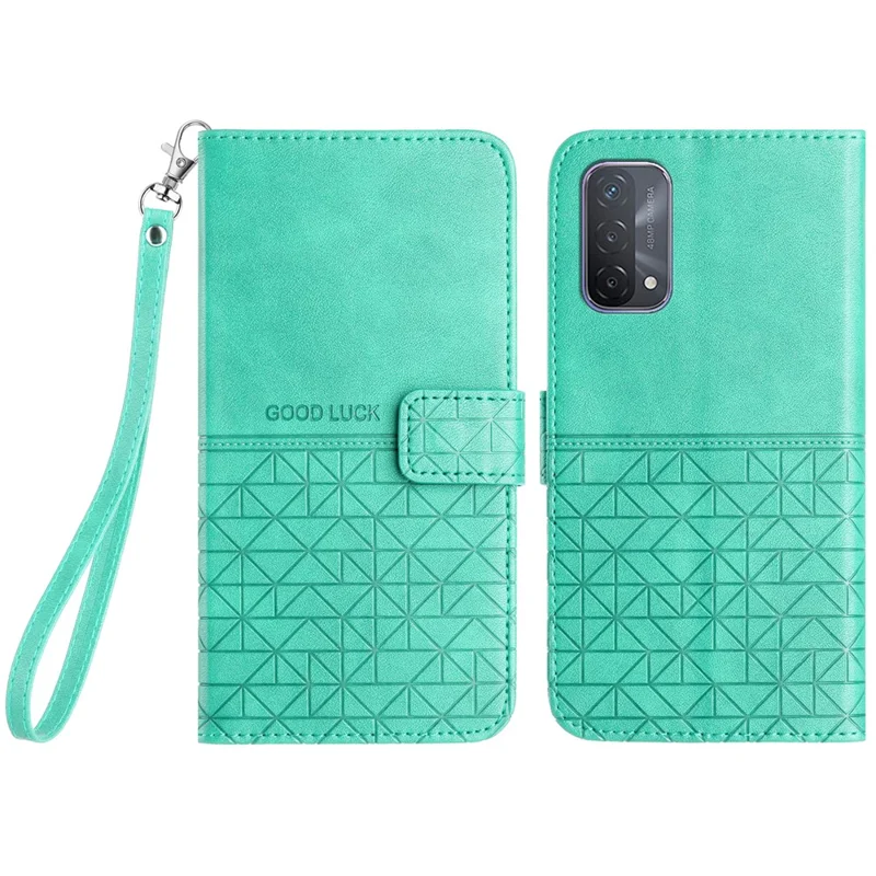 For Oppo A93 5G Geometric Imprint Phone Cover Microfiber Leather Wallet Stand Case - Mint Green