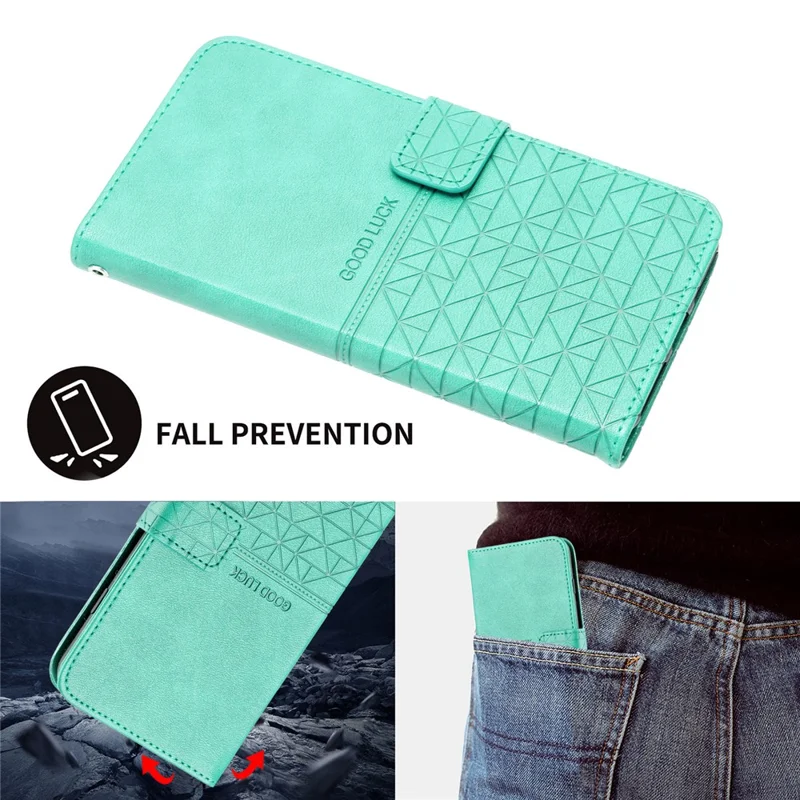 For Oppo A93 5G Geometric Imprint Phone Cover Microfiber Leather Wallet Stand Case - Mint Green