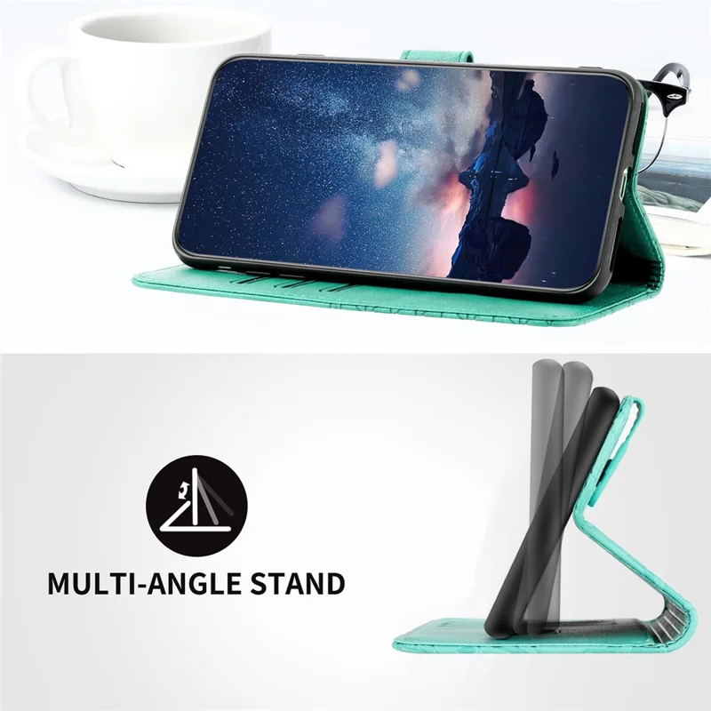 For Oppo A93 5G Geometric Imprint Phone Cover Microfiber Leather Wallet Stand Case - Mint Green