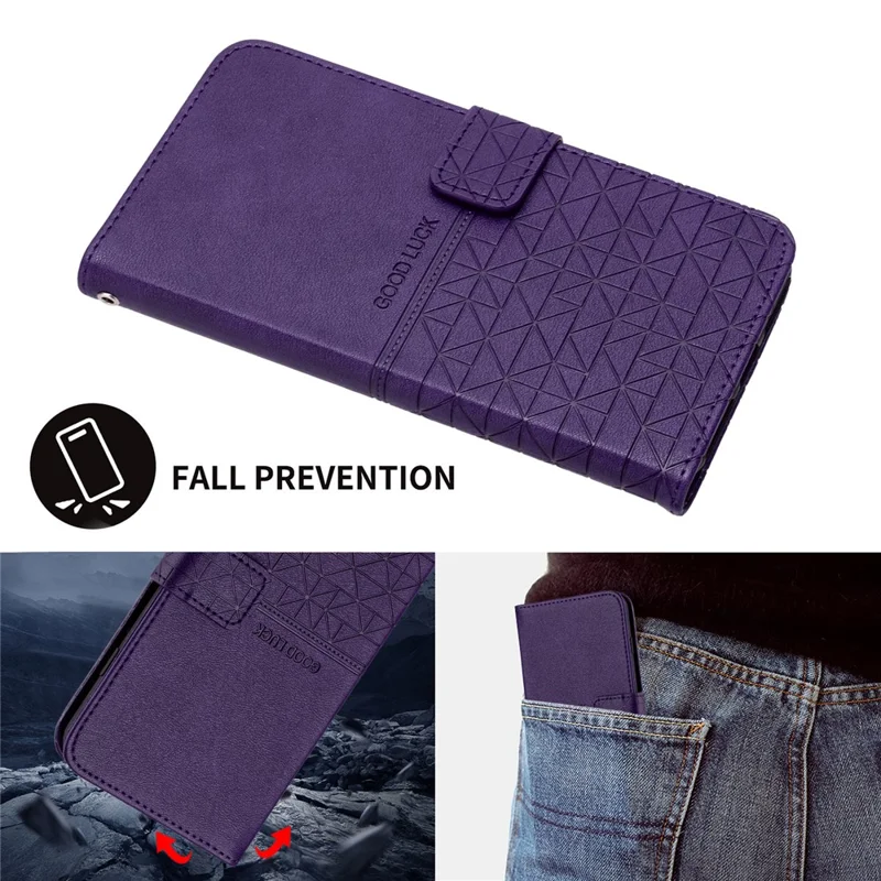 Pour Oppo A57 4G Microfiber Leather Wallet Shell Geometric Imprint Anti-shock Stand Phone Case - Violet