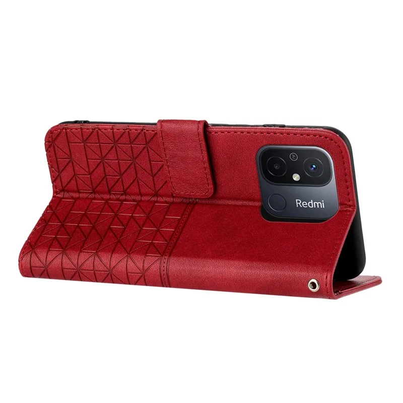 Futerał z mikrowłóknianej skóry na telefon Xiaomi Redmi 12C 4G, etui portfelowe ze stojakiem, geometryczny nadruk - Czerwony
