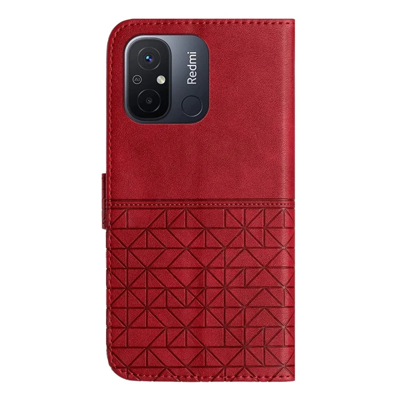 Futerał z mikrowłóknianej skóry na telefon Xiaomi Redmi 12C 4G, etui portfelowe ze stojakiem, geometryczny nadruk - Czerwony