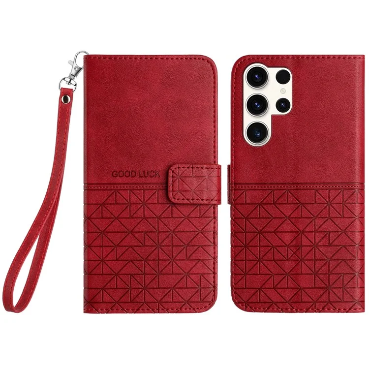 Pour Samsung Galaxy S23 Ultra Geometric Imprinted Phone Case Stand Wallet Microfiber Leather Cover - Red