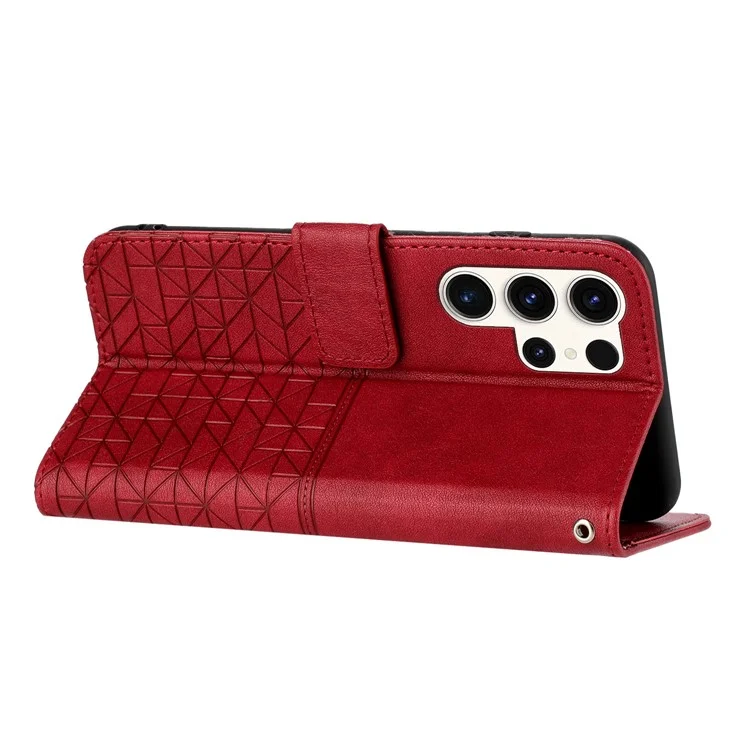 Pour Samsung Galaxy S23 Ultra Geometric Imprinted Phone Case Stand Wallet Microfiber Leather Cover - Red