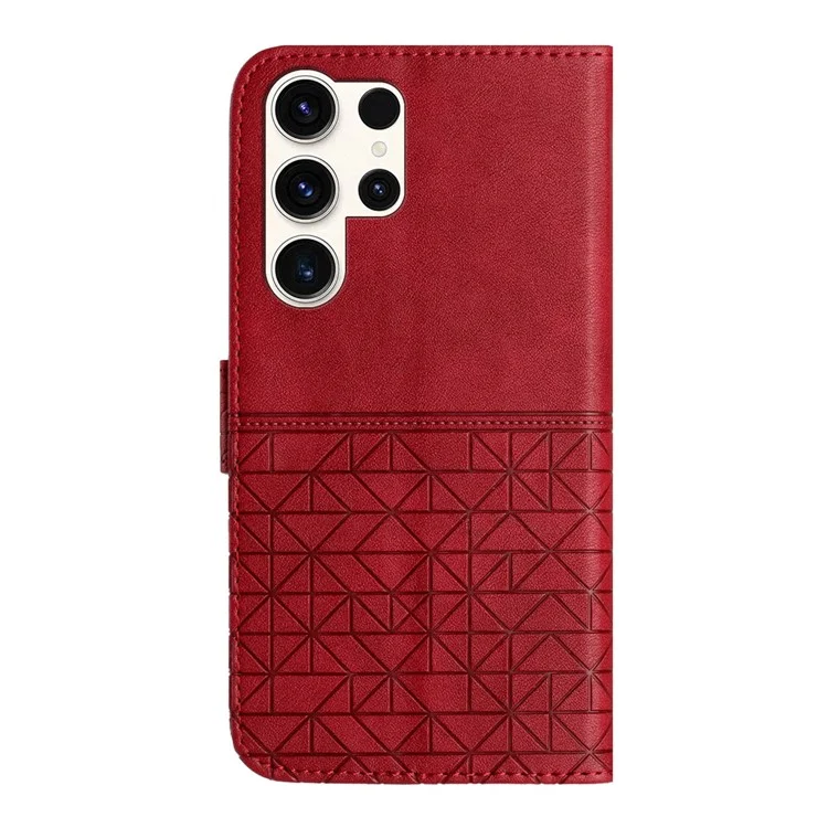 Pour Samsung Galaxy S23 Ultra Geometric Imprinted Phone Case Stand Wallet Microfiber Leather Cover - Red