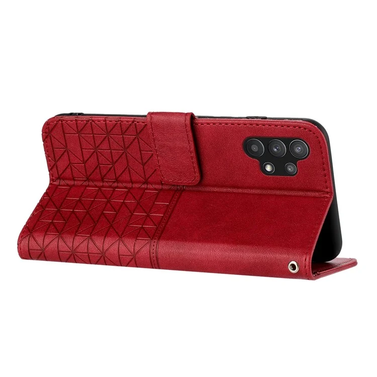For Samsung Galaxy A32 5G / M32 5G Stand Phone Cover Geometric Imprinted Microfiber Leather Wallet Case - Red