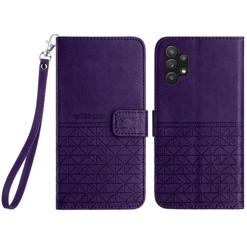 For Samsung Galaxy A32 5G / M32 5G Stand Phone Cover Geometric Imprinted Microfiber Leather Wallet Case - Purple