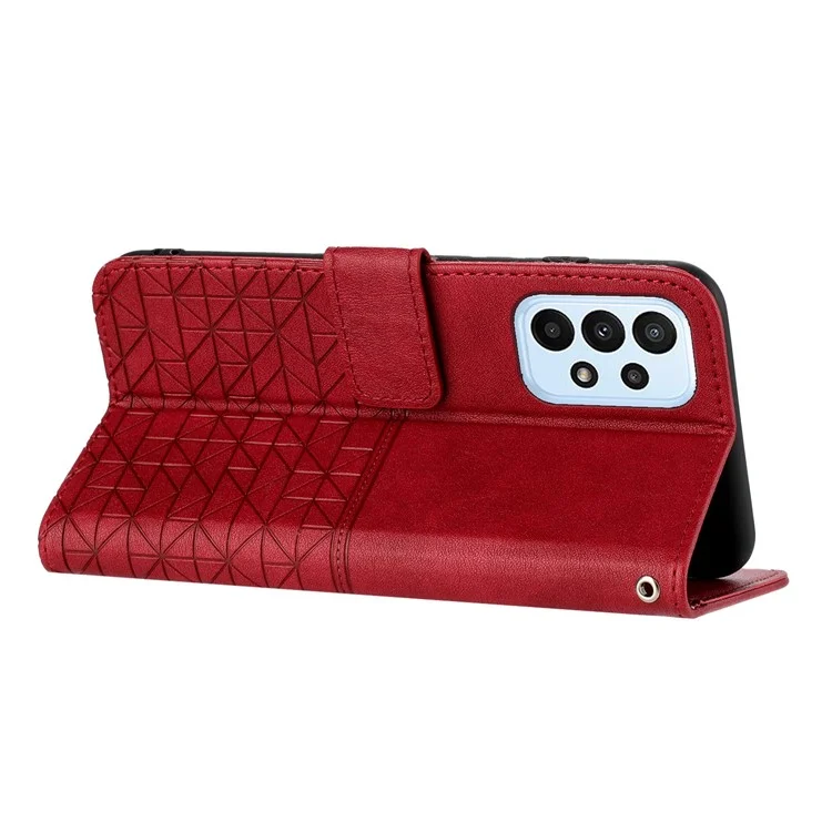 For Samsung Galaxy A23 5G (Global Version) / A23 4G Phone Wallet Case Geometric Imprinted Microfiber Leather Stand Cover - Red