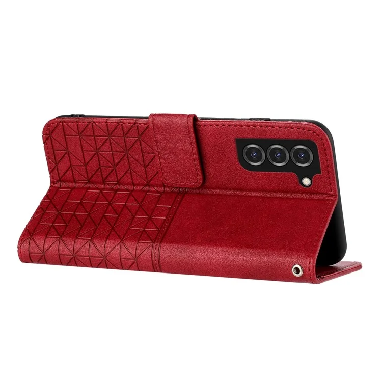 Para Samsung Galaxy S22+ 5G Microfiber Leather Wallet Stand Case Geometric Imprinted Phone Cover - Red