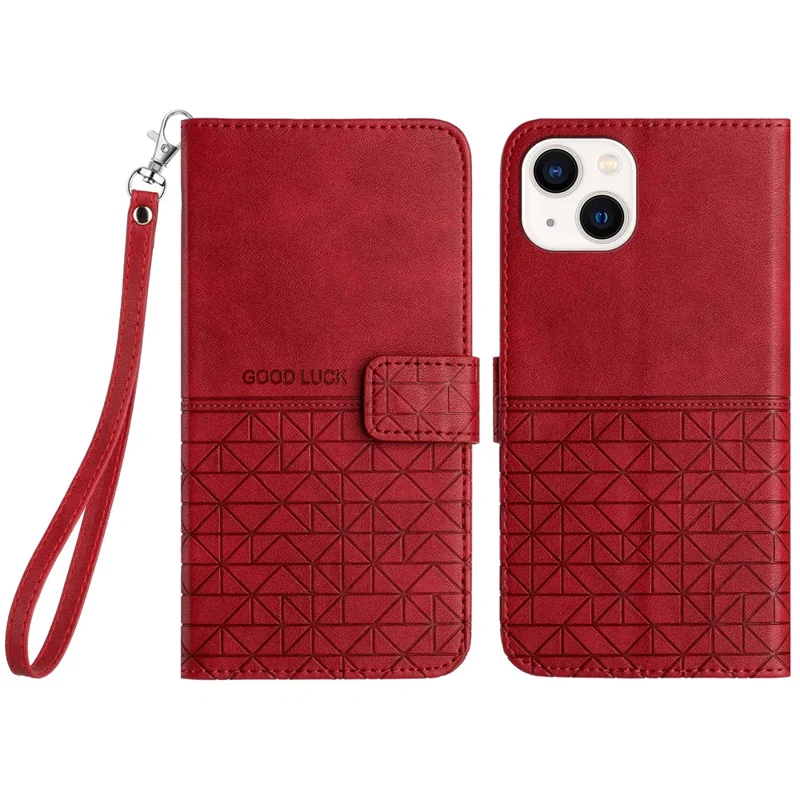 Microfiber Leather Wallet Stand Case for iPhone 14 / 13 , Geometric Imprinted Anti-drop Phone Cover - Red