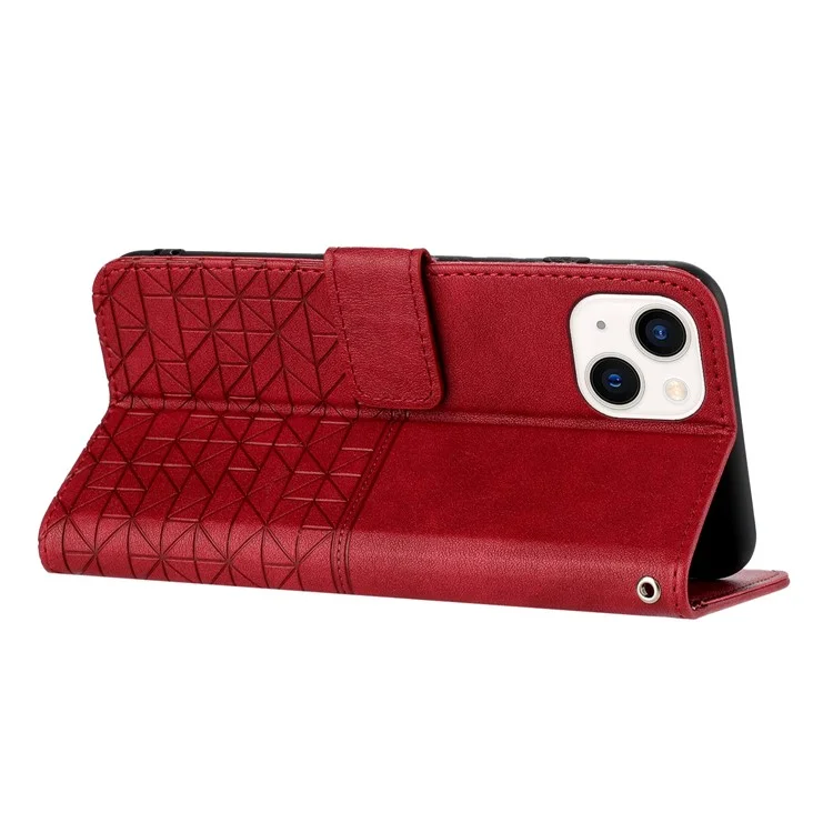 Microfiber Leather Wallet Stand Case for iPhone 14 / 13 , Geometric Imprinted Anti-drop Phone Cover - Red