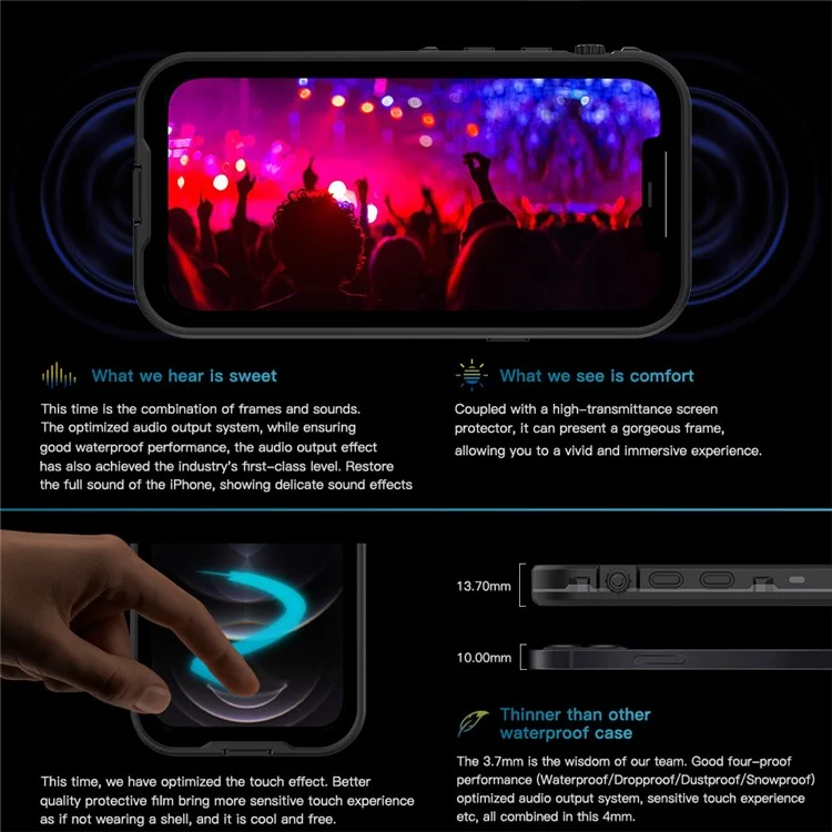 REDPEPPER Dot+ Series IP68 Waterproof Case for iPhone 12 Pro Max , PC+TPU Full Body Shockproof Clear Phone Cover - Black