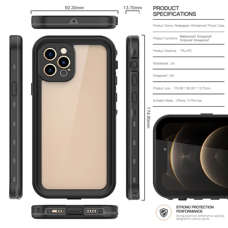 REDPEPPER Dot+ Series IP68 Waterproof Case for iPhone 12 Pro Max , PC+TPU Full Body Shockproof Clear Phone Cover - Black