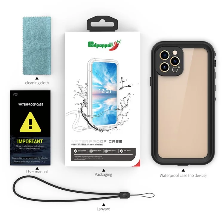 REDPEPPER Dot+ Series IP68 Waterproof Case for iPhone 12 Pro Max , PC+TPU Full Body Shockproof Clear Phone Cover - Black