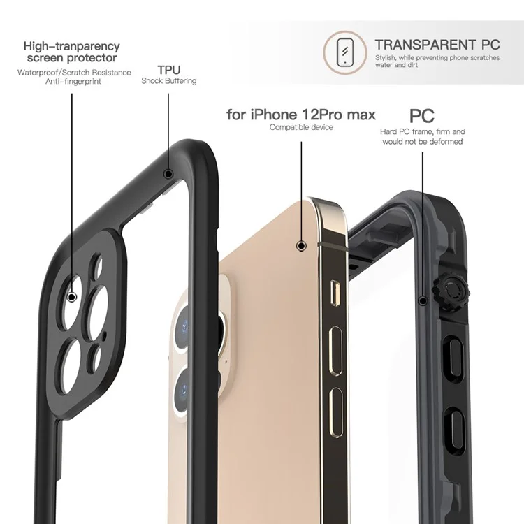 REDPEPPER Dot+ Series IP68 Waterproof Case for iPhone 12 Pro Max , PC+TPU Full Body Shockproof Clear Phone Cover - Black