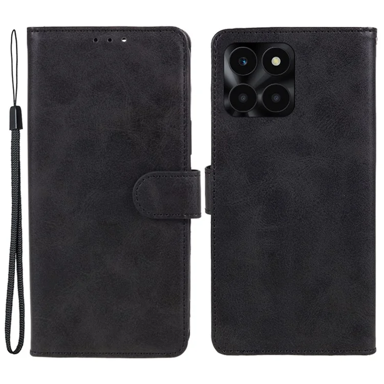 Leather Phone Cover for Honor X6a 4G Magnetic Clasp Calf Texture Wallet Stand Case - Black