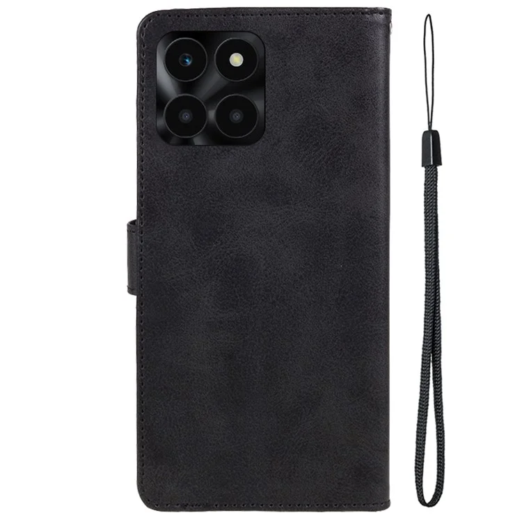 Leather Phone Cover for Honor X6a 4G Magnetic Clasp Calf Texture Wallet Stand Case - Black