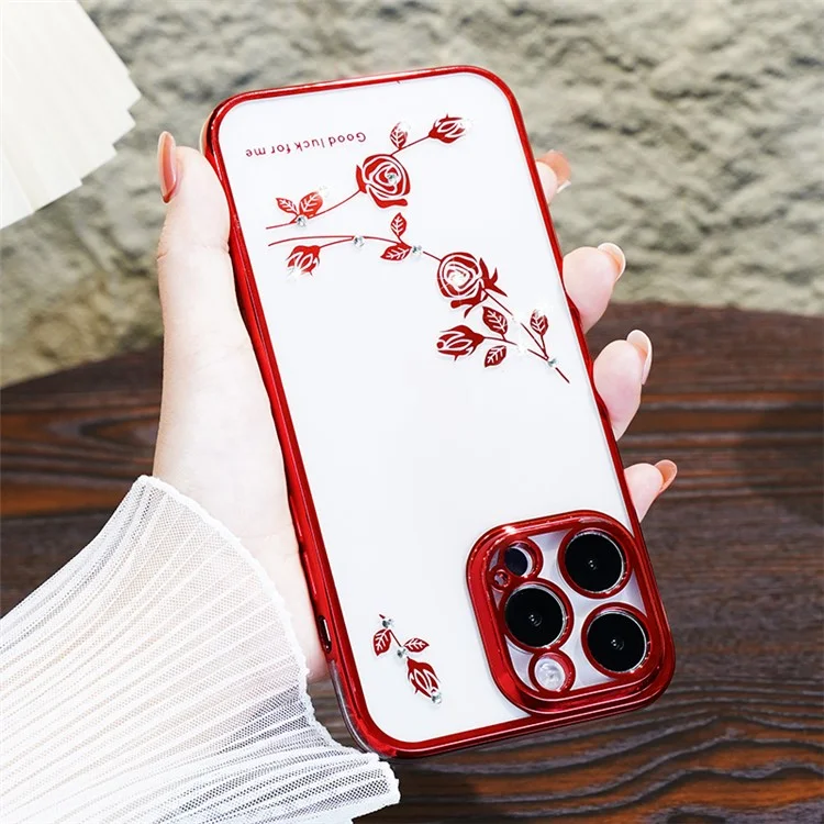 KADEM Para iPhone 15 Pro Decoración de Diamantes de Imitación Electrochapado Estuche Patrón Floral a Prueba de Caídas Cubierta de Teléfono TPU - Rojo