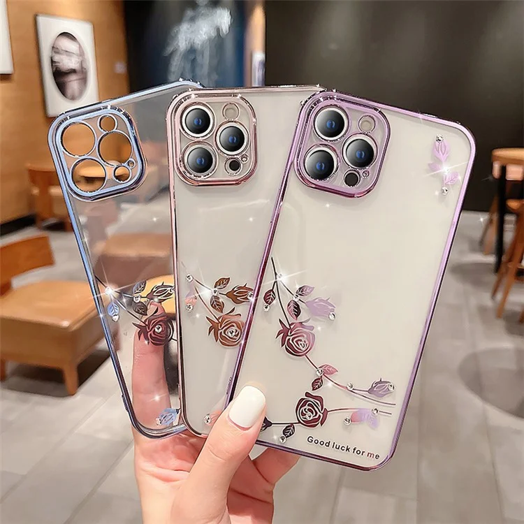 KADEM Para iPhone 15 Pro Decoración de Diamantes de Imitación Electrochapado Estuche Patrón Floral a Prueba de Caídas Cubierta de Teléfono TPU - Rojo