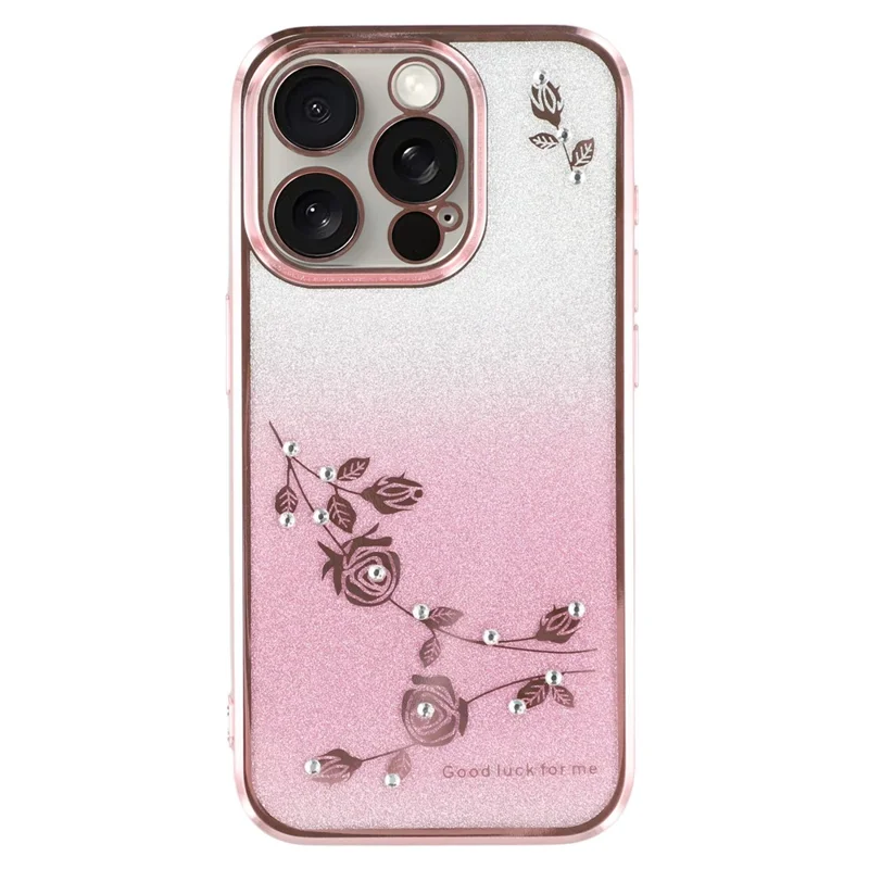 KADEM Para iPhone 15 Pro Capa de Telefone à Prova de Choque com Glitter Rhinestone Flor Gradiente Capa TPU - Rose Gold