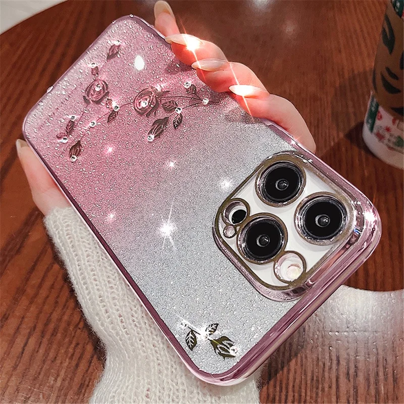KADEM Para iPhone 15 Pro Capa de Telefone à Prova de Choque com Glitter Rhinestone Flor Gradiente Capa TPU - Rose Gold