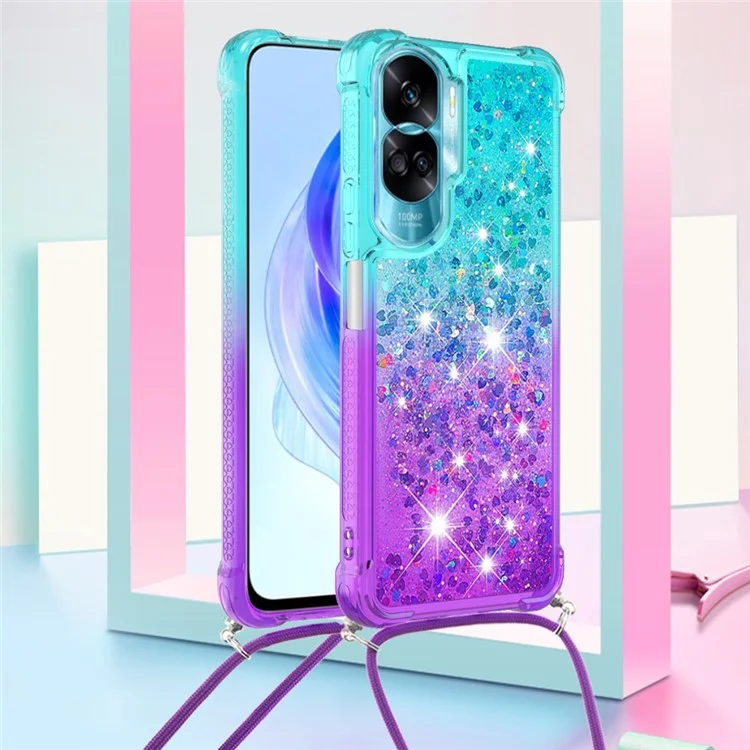 YB Quicksand Series-6 Glitter Gradient Phone Case para Honor 90 Lite 5G, Capa TPU com Cascata - Azul Céu+Roxo
