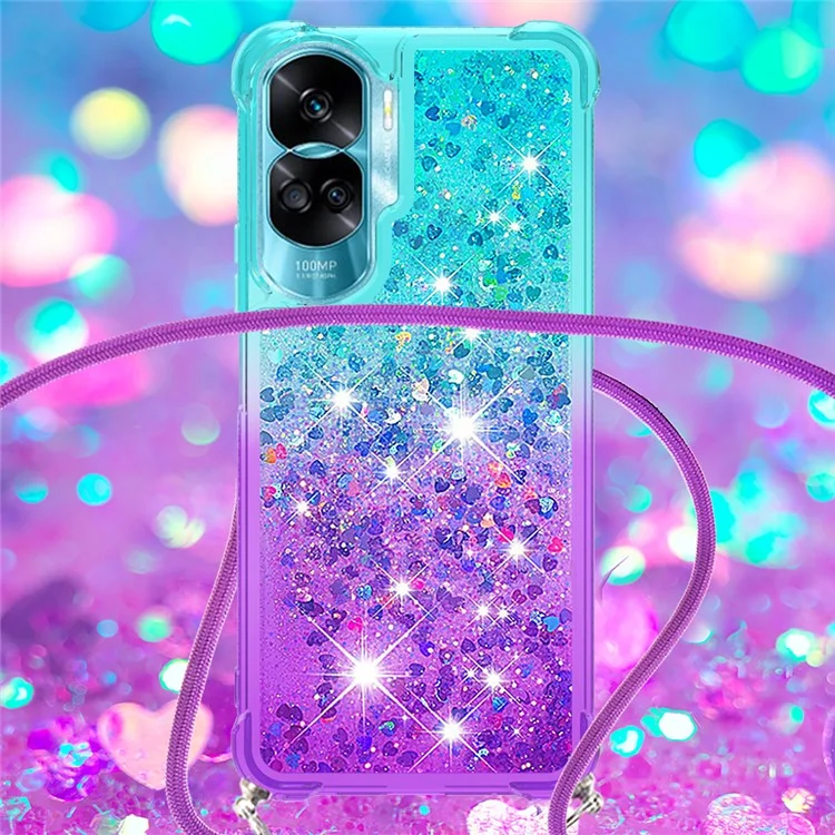 YB Quicksand Series-6 Glitter Gradient Phone Case para Honor 90 Lite 5G, Capa TPU com Cascata - Azul Céu+Roxo