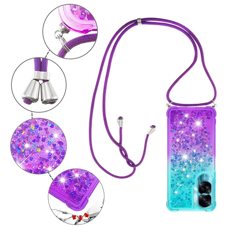 YB Quicksand Series-6 Glitter Gradient Phone Case para Honor 90 Lite 5G, Capa TPU com Cascata - Azul Céu+Roxo