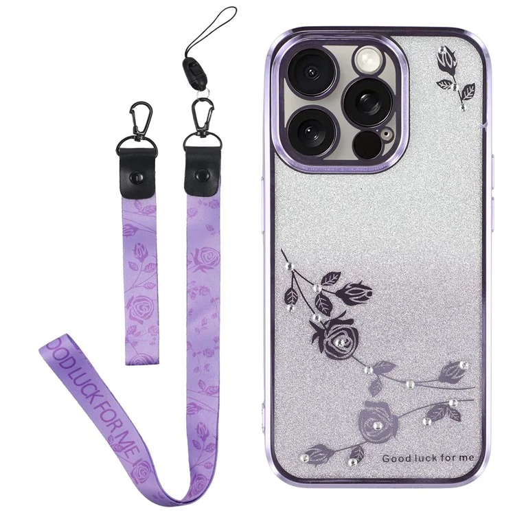 KADEM TPU Back Case für iPhone 15 Pro Max, Riemendesign, Glitzerpulver und Strass-Dekor, Blumen-Handyhülle - Lila