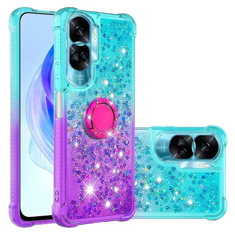 YB Quicksand-Serie-8 Für Honor 90 Lite 5G Farbverlauf Bling Fließende Hülle mit Ständer TPU Handyhülle - Himmelblau+Lila 