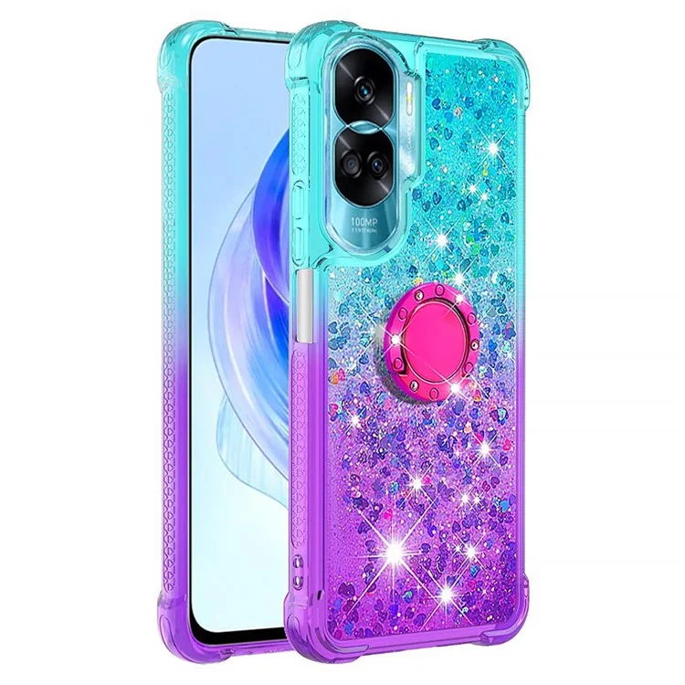 YB Quicksand-Serie-8 Für Honor 90 Lite 5G Farbverlauf Bling Fließende Hülle mit Ständer TPU Handyhülle - Himmelblau+Lila 