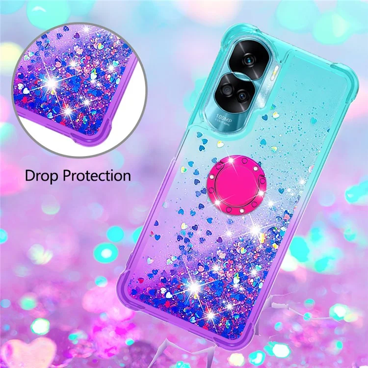 YB Quicksand-Serie-8 Für Honor 90 Lite 5G Farbverlauf Bling Fließende Hülle mit Ständer TPU Handyhülle - Himmelblau+Lila 