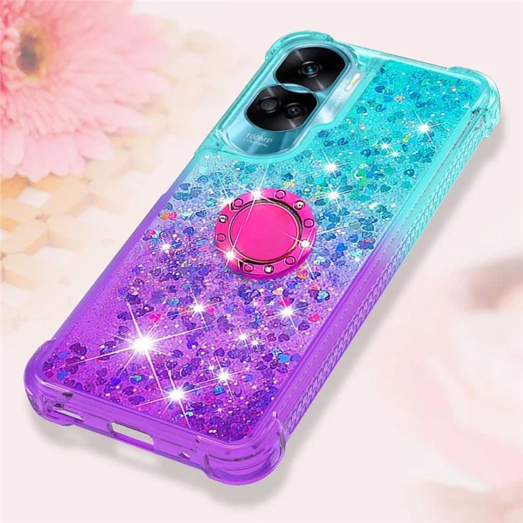 YB Quicksand-Serie-8 Für Honor 90 Lite 5G Farbverlauf Bling Fließende Hülle mit Ständer TPU Handyhülle - Himmelblau+Lila 