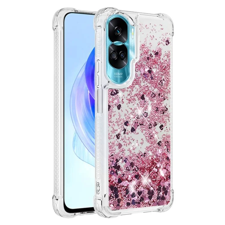 YB Quicksand Series-1 Glitter Phone Case per Honor 90 Lite 5G, Custodia TPU Brillante in Movimento - Rosa Gold / Cuori
