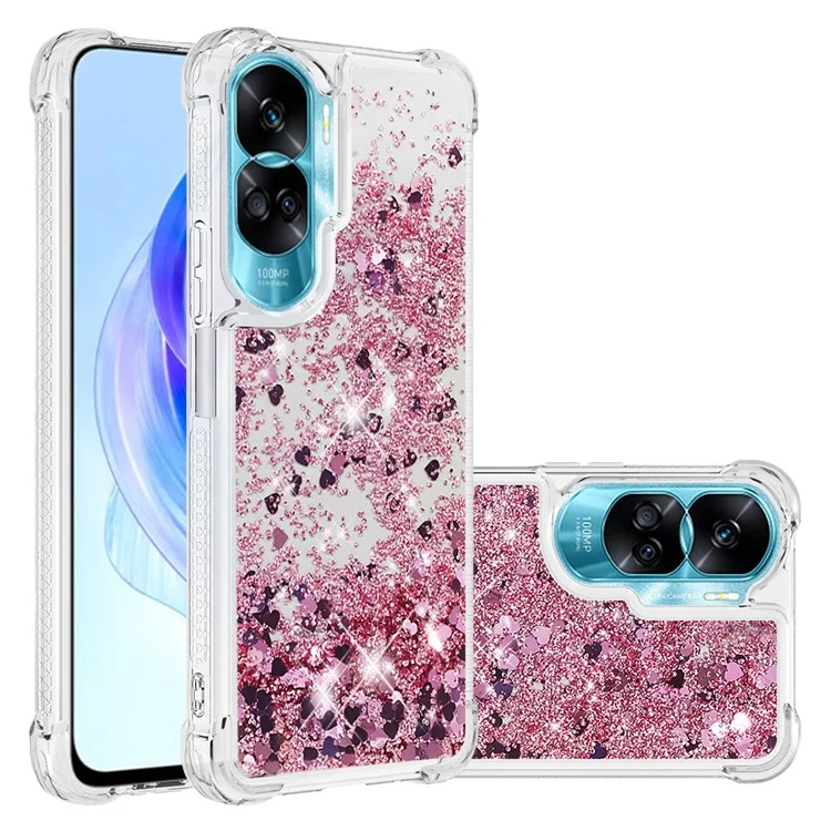 YB Quicksand Series-1 Glitter Phone Case per Honor 90 Lite 5G, Custodia TPU Brillante in Movimento - Rosa Gold / Cuori